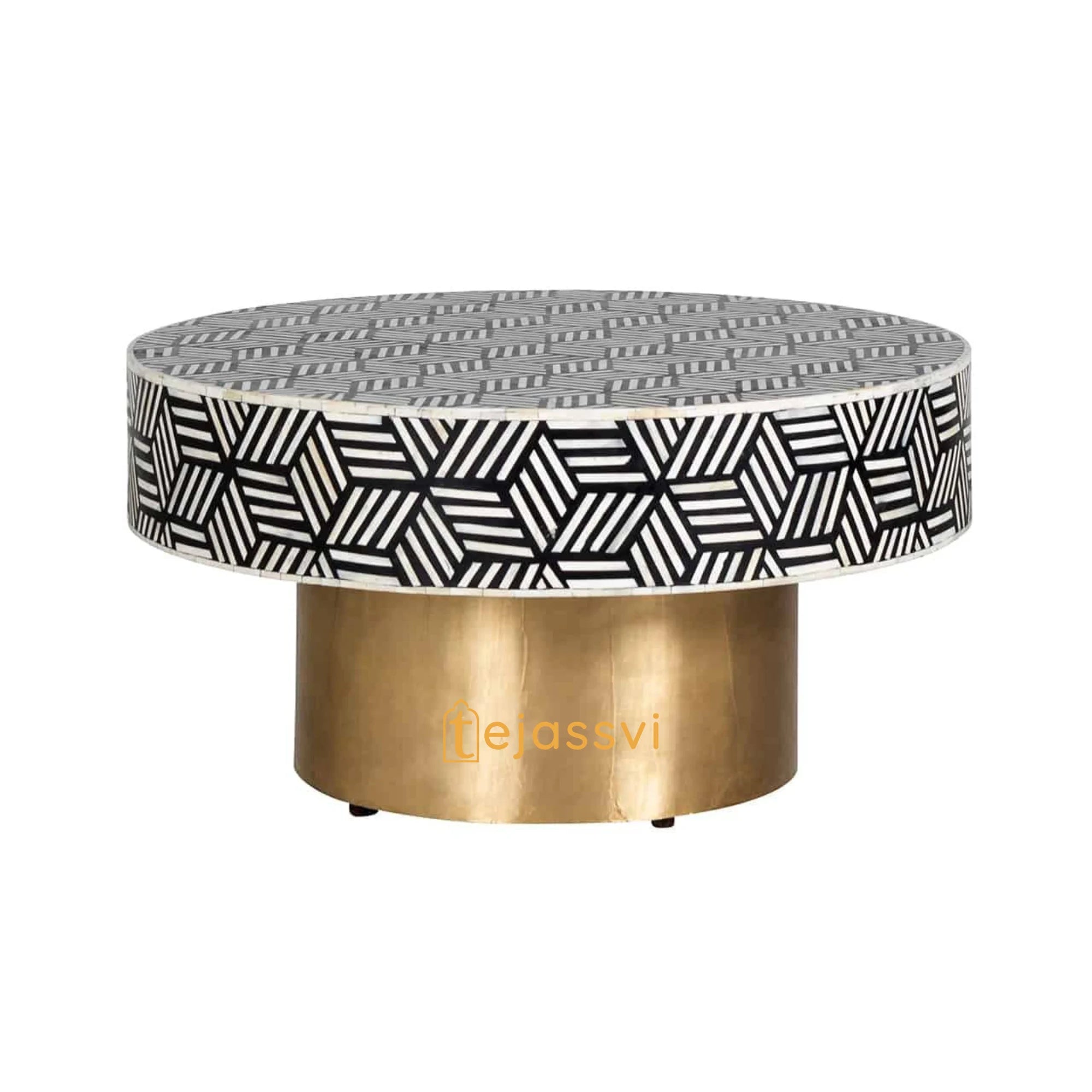 Bone Inlay Strip Design Round Coffee Table / Round Centre Table / Bone Inlay Round Coffee Table / Handmade Bone Inlay Modern Pattern Furniture Cocktail Table.