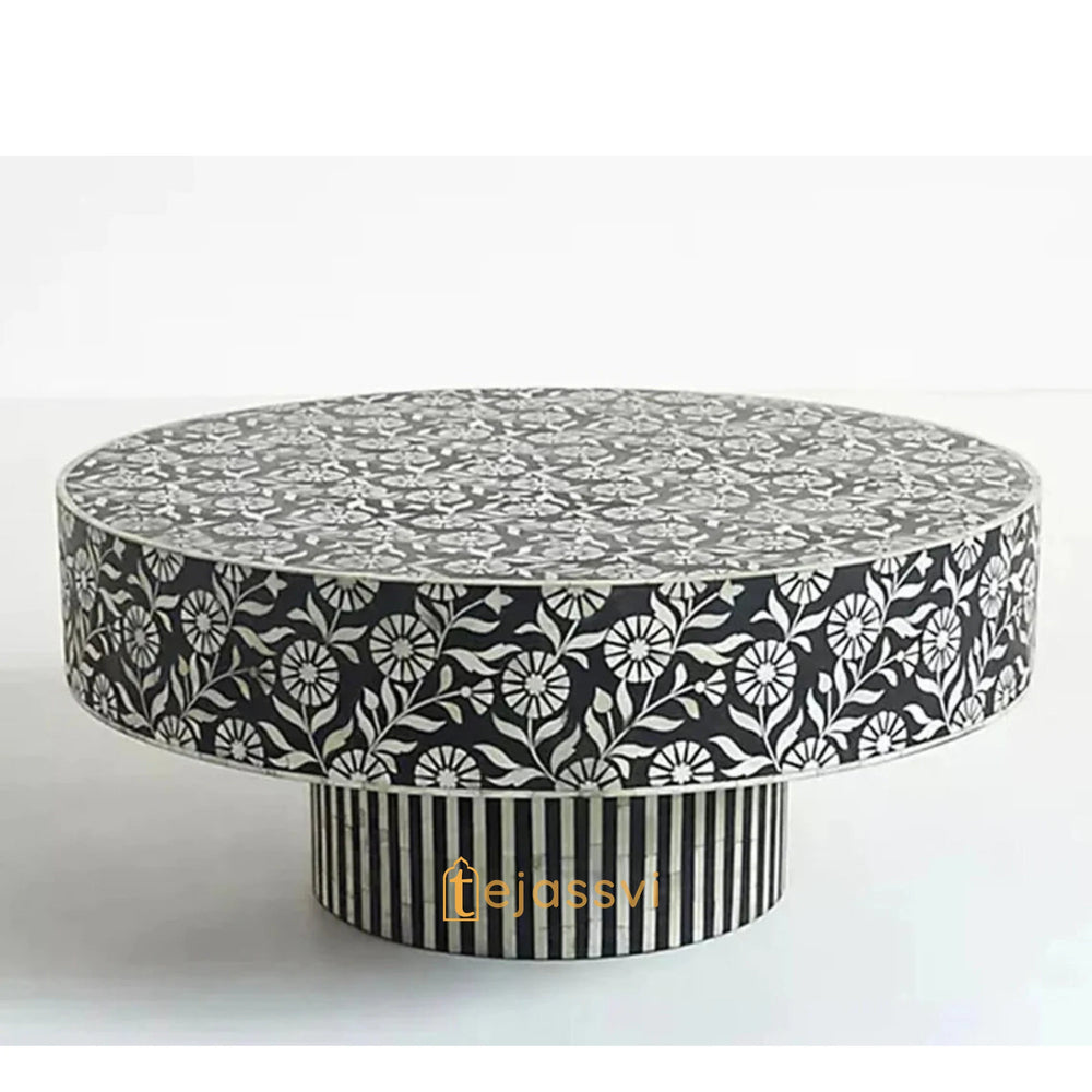 Wooden Round Floral Pattern Centre Table / Handmade Bone Inlay Coffee Table / Round Center Table / Round Coffee Table / Bone Inlay Cocktail Table.