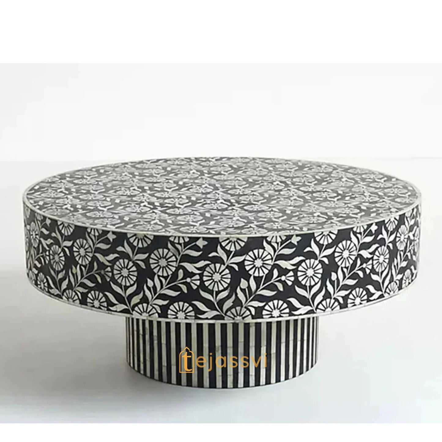 Floral Black Centre Table Handmade Bone Inlay Coffee Table | Center Table, BONE INLAY TABLE, Round Coffee Table Bone Inlay Cocktail Table