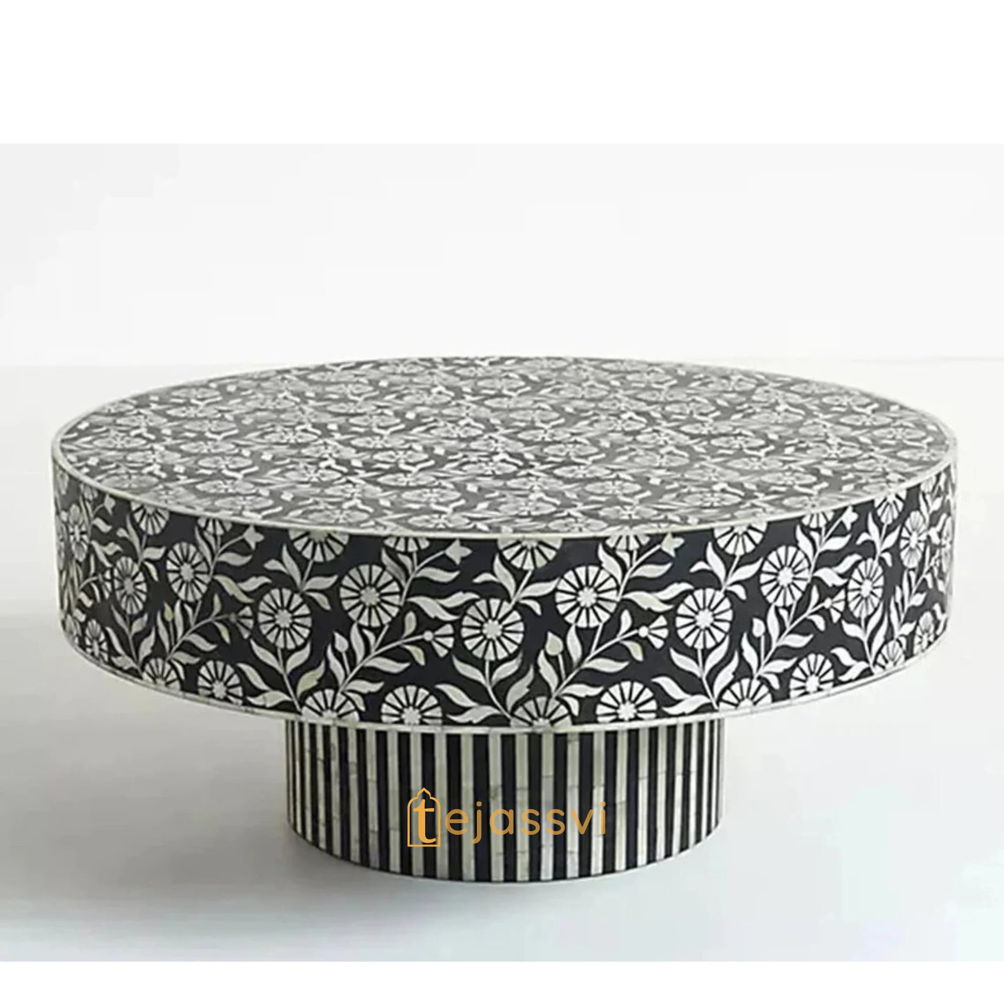 Wooden Round Floral Pattern Centre Table / Handmade Bone Inlay Coffee Table / Round Center Table / Round Coffee Table / Bone Inlay Cocktail Table.