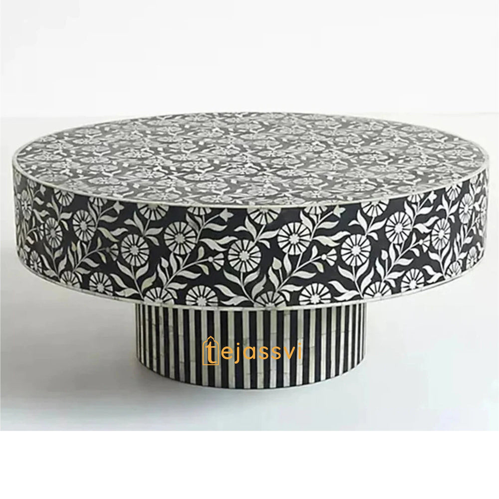 Wooden Round Floral Pattern Centre Table / Handmade Bone Inlay Coffee Table / Round Center Table / Round Coffee Table / Bone Inlay Cocktail Table.