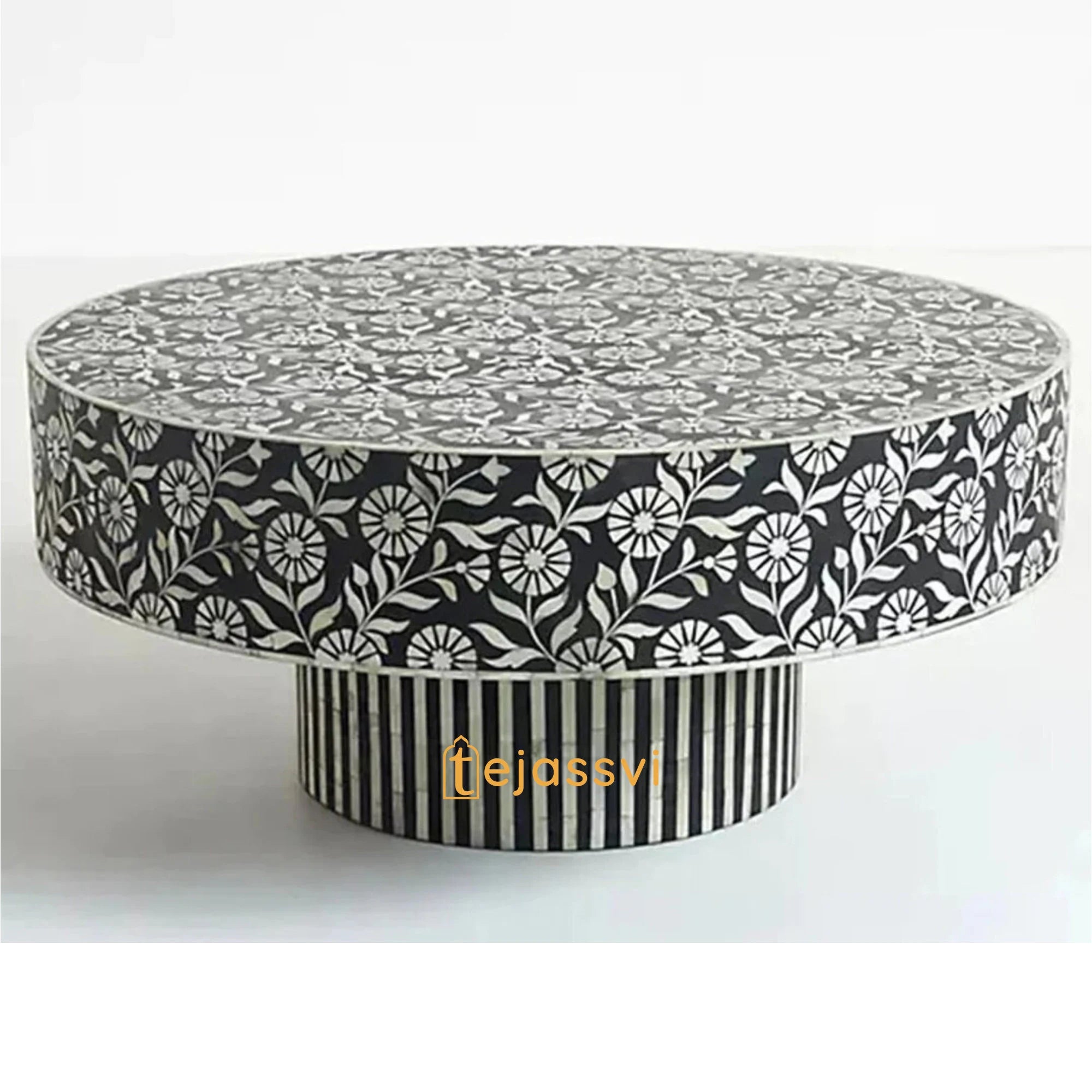 Wooden Round Floral Pattern Centre Table / Handmade Bone Inlay Coffee Table / Round Center Table / Round Coffee Table / Bone Inlay Cocktail Table.