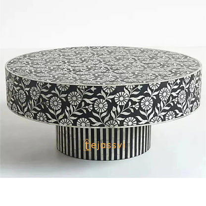 Floral Black Centre Table Handmade Bone Inlay Coffee Table | Center Table, BONE INLAY TABLE, Round Coffee Table Bone Inlay Cocktail Table