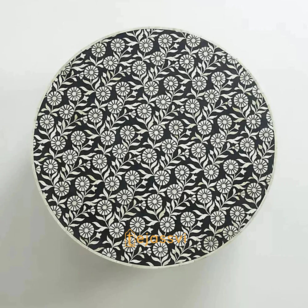Wooden Round Floral Pattern Centre Table / Handmade Bone Inlay Coffee Table / Round Center Table / Round Coffee Table / Bone Inlay Cocktail Table.