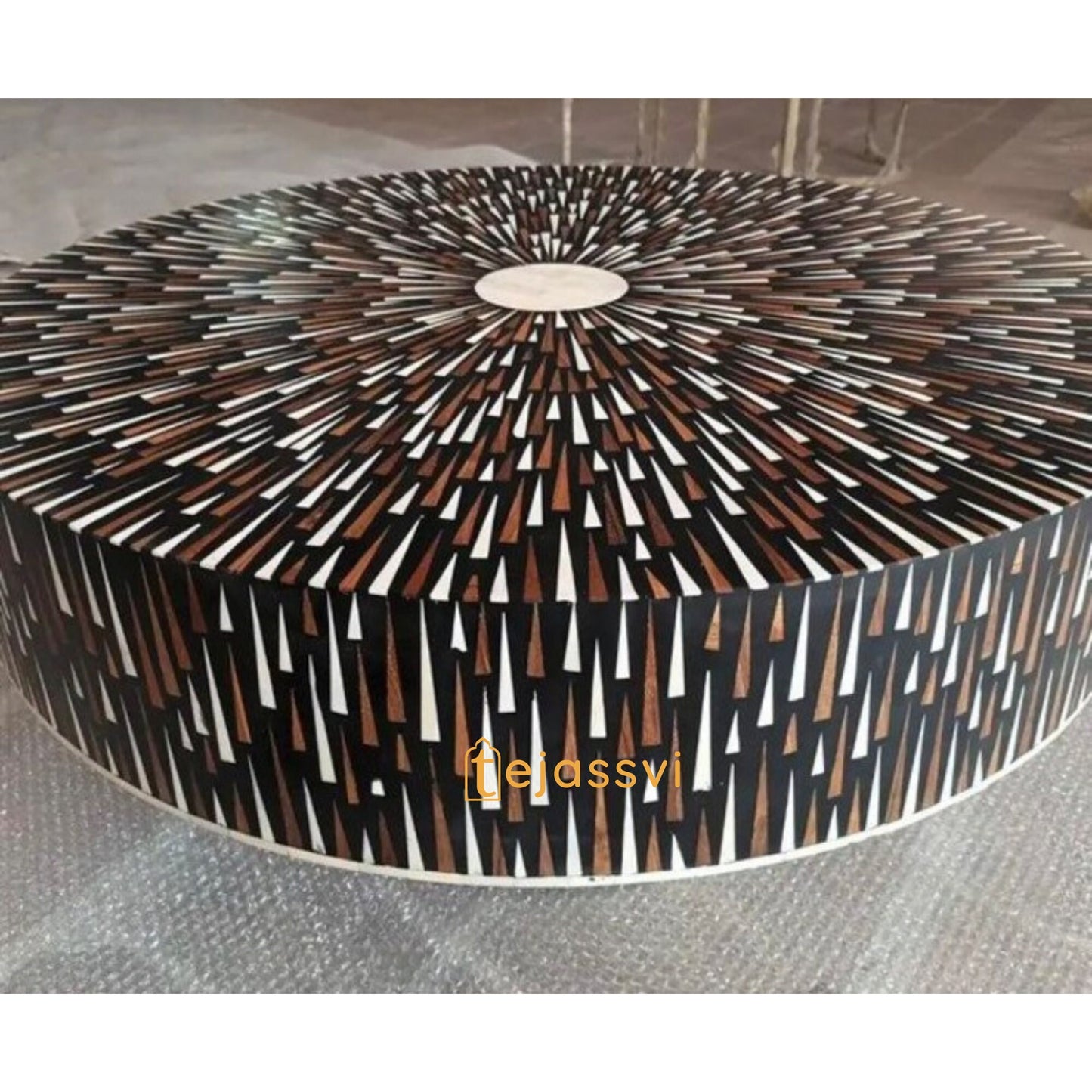 Handmade Bone Inlay Coffee Table, Round Coffee Table, Sun Ray design Centre Table, Cocktail Table, Modern Luxury furniture/Luxury Table.