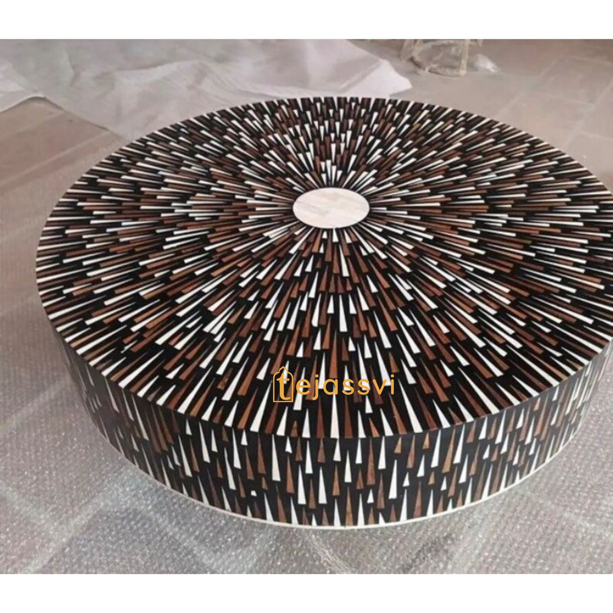 Handmade Bone Inlay Coffee Table / Round Coffee Table / Sun Ray design Centre Table / Cocktail Table / Modern Luxury furniture / Luxury Table.