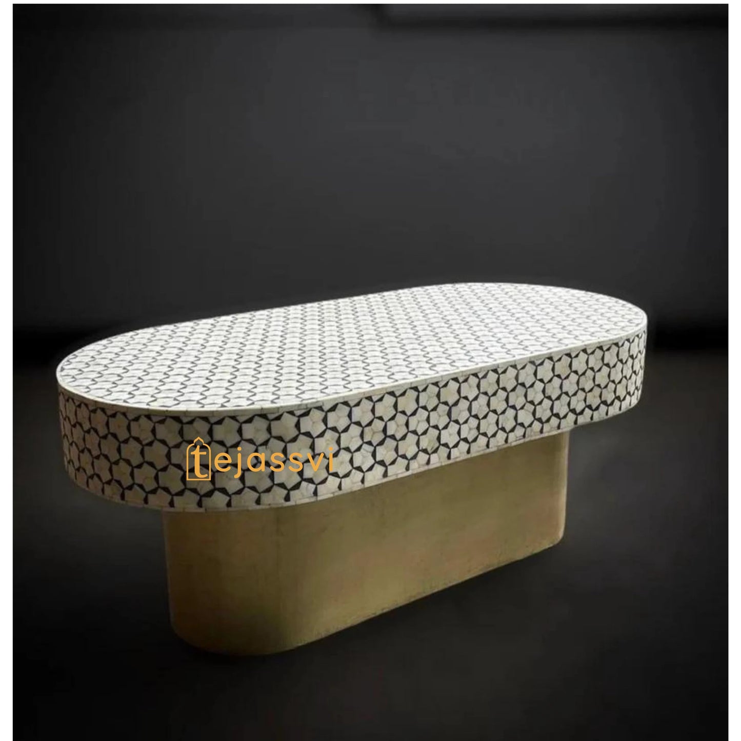 Honeycomb Design Centre Table Handmade Bone Inlay Oval Shape Coffee Table ,BONE INLAY TABLE, Oval Coffee Table, , Bone Inlay Cocktail Table.