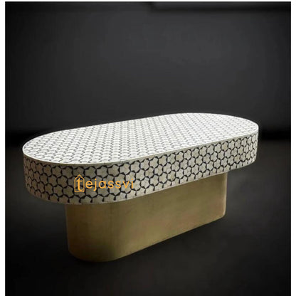 Honeycomb Design Centre Table Handmade Bone Inlay Oval Shape Coffee Table ,BONE INLAY TABLE, Oval Coffee Table, , Bone Inlay Cocktail Table.