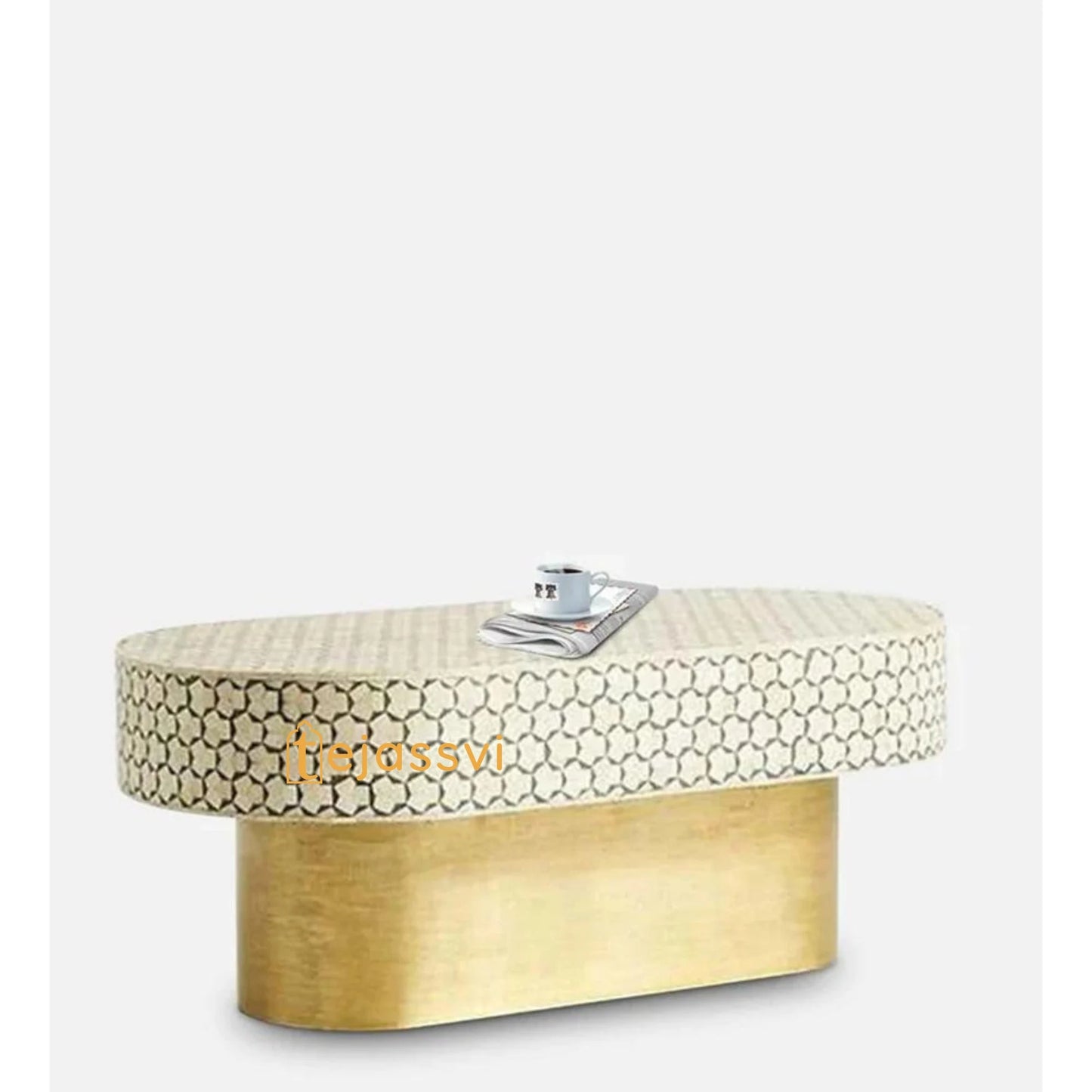 Honeycomb Design Centre Table Handmade Bone Inlay Oval Shape Coffee Table ,BONE INLAY TABLE, Oval Coffee Table, , Bone Inlay Cocktail Table.