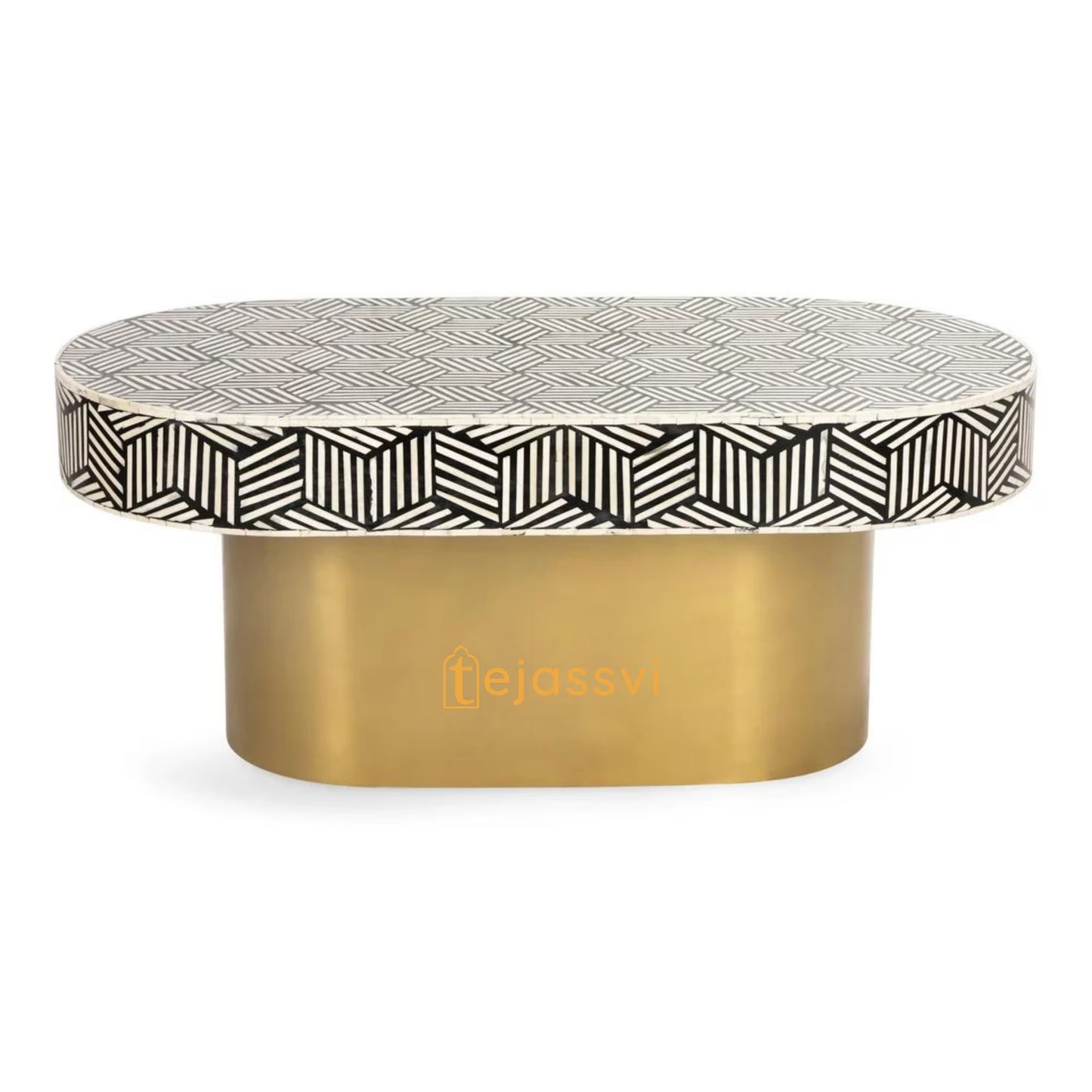 Wooden Oval Shape Coffee Table, BONE INLAY TABLE, Oval Shape Coffee Table, Strip Design Centre Table, Bone Inlay Furniture Cocktail Table...