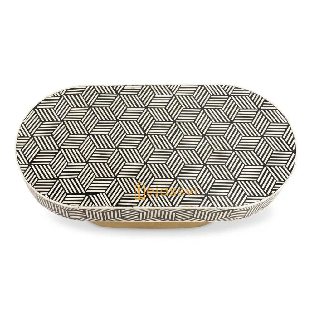 Wooden Oval Shape Coffee Table / Bone Inlay Coffee Table / Oval Shape Coffee Table / Strip Design Centre Table / Bone Inlay Furniture Cocktail Table.
