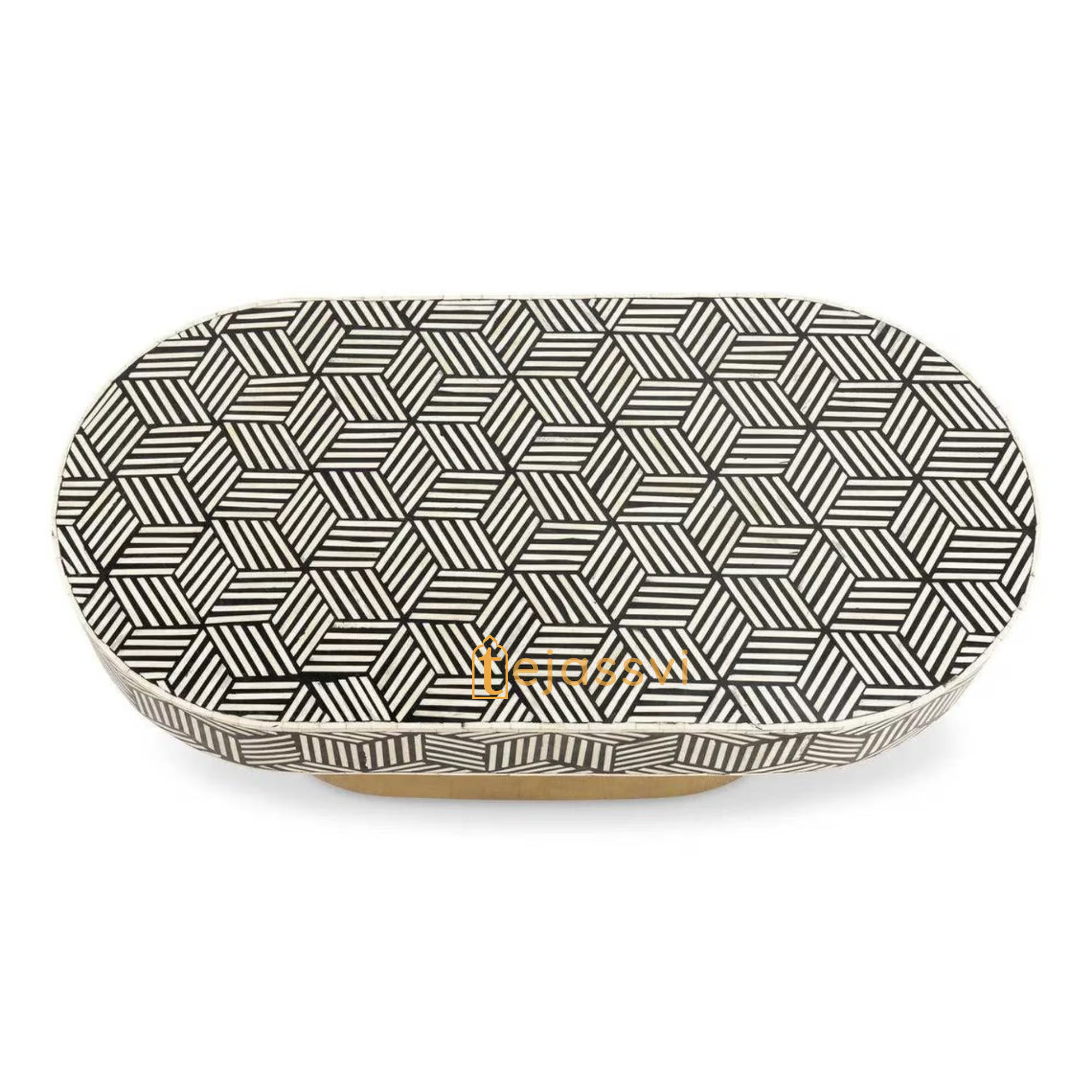 Wooden Oval Shape Coffee Table / Bone Inlay Coffee Table / Oval Shape Coffee Table / Strip Design Centre Table / Bone Inlay Furniture Cocktail Table.