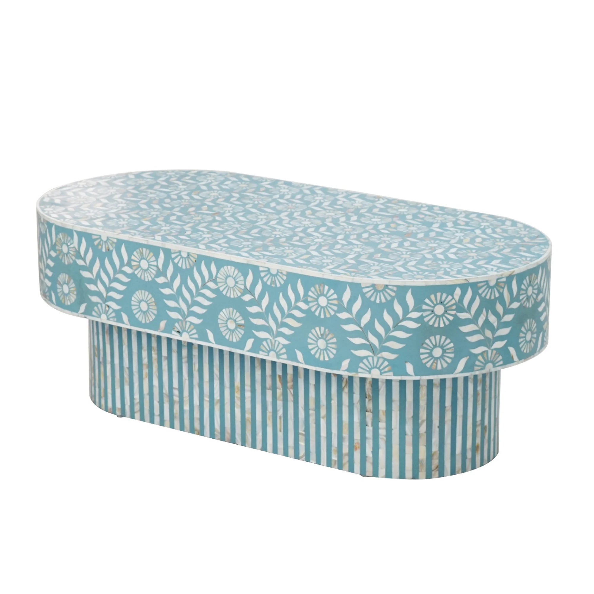 Bone Inlay Coffee Table / Wooden Oval Shape Coffee Table / Bone Inlay Floral Design Centre Table  / Bone Inlay Furniture Cocktail Table.