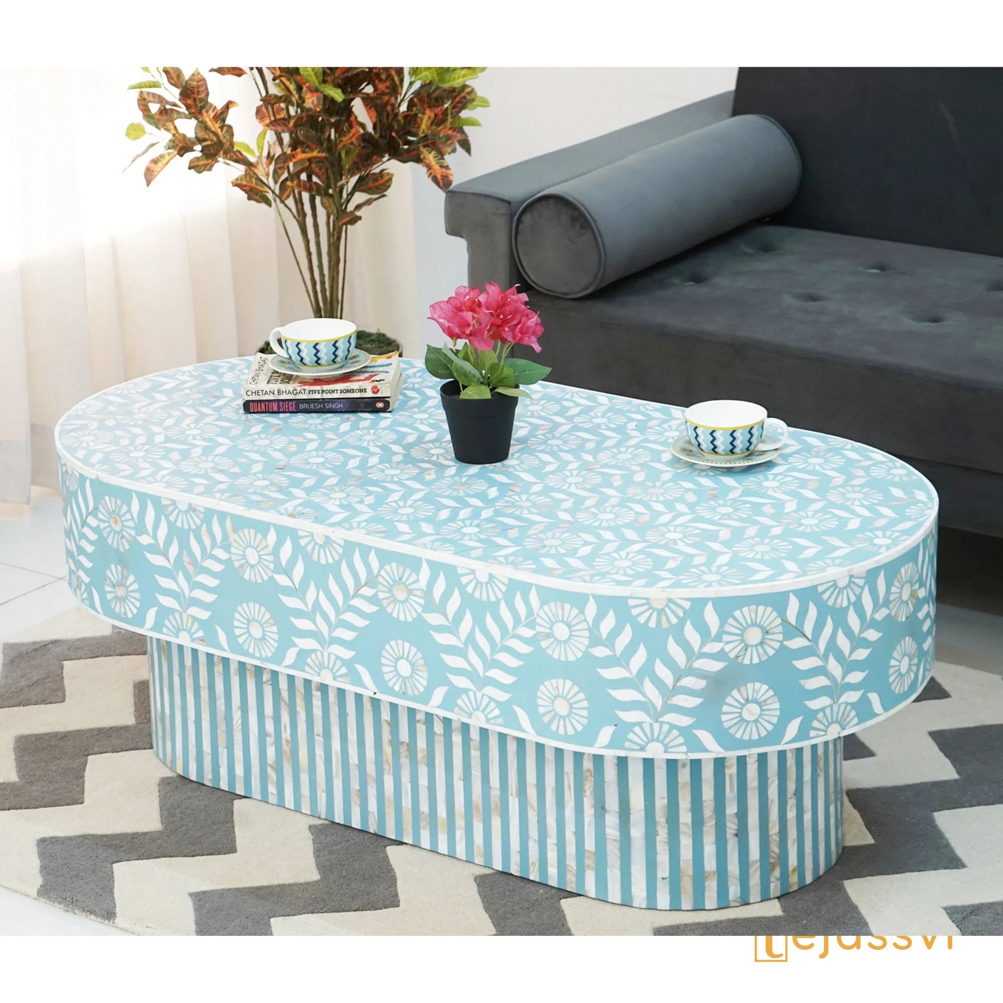 Bone Inlay Coffee Table / Wooden Oval Shape Coffee Table / Bone Inlay Floral Design Centre Table  / Bone Inlay Furniture Cocktail Table.