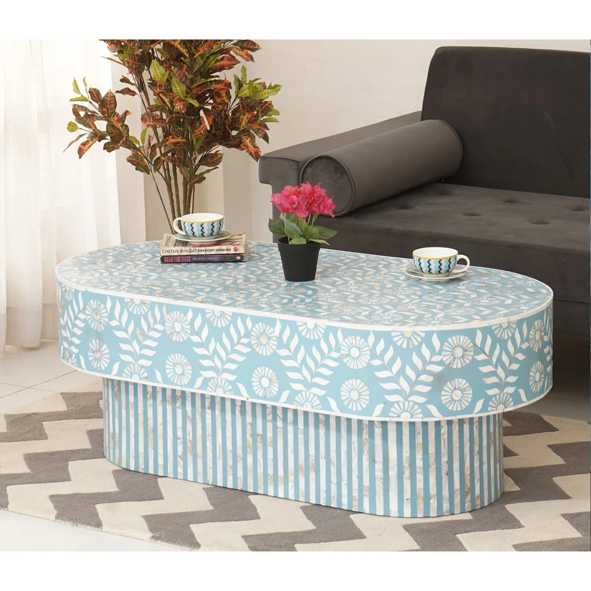 Bone Inlay Coffee Table / Wooden Oval Shape Coffee Table / Bone Inlay Floral Design Centre Table  / Bone Inlay Furniture Cocktail Table.