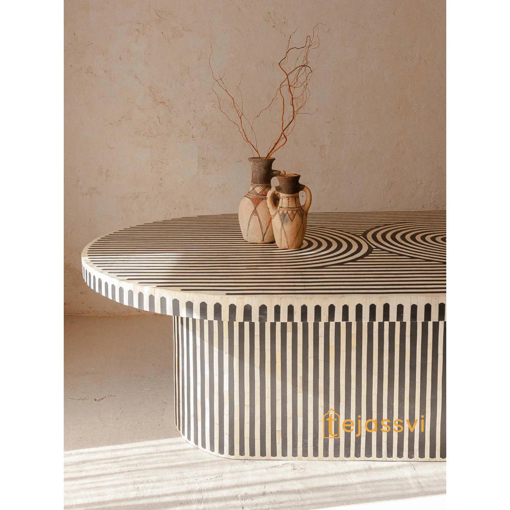 Bone Inlay Coffee Table / Wooden Oval Shape Coffee Table / Bone Inlay Strip Design Centre Table  / Bone Inlay Furniture Cocktail Table.