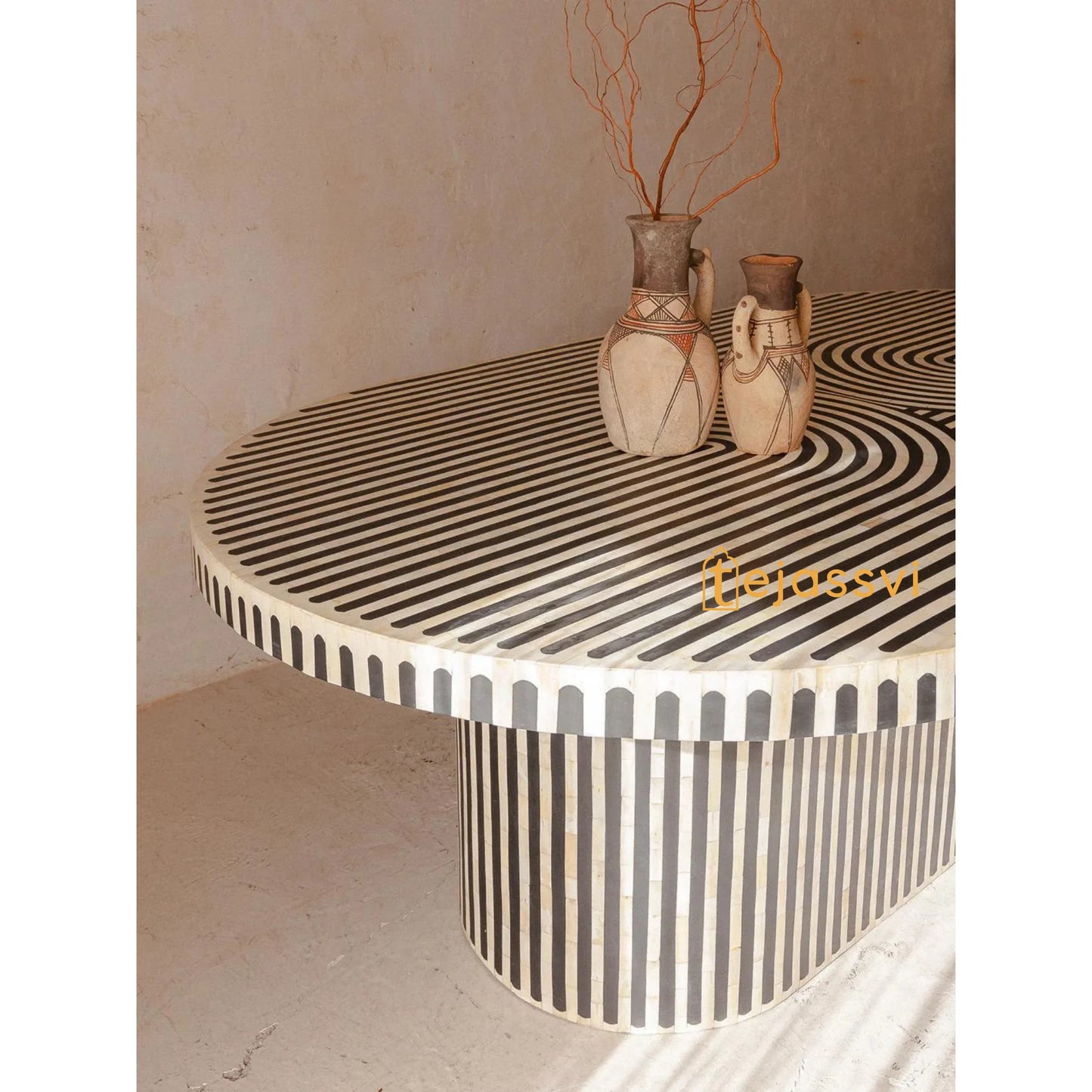 Wooden Oval Shape Coffee Table, BONE INLAY TABLE, Oval Shape Coffee Table, Strip Design Centre Table, Bone Inlay Furniture Cocktail Table...