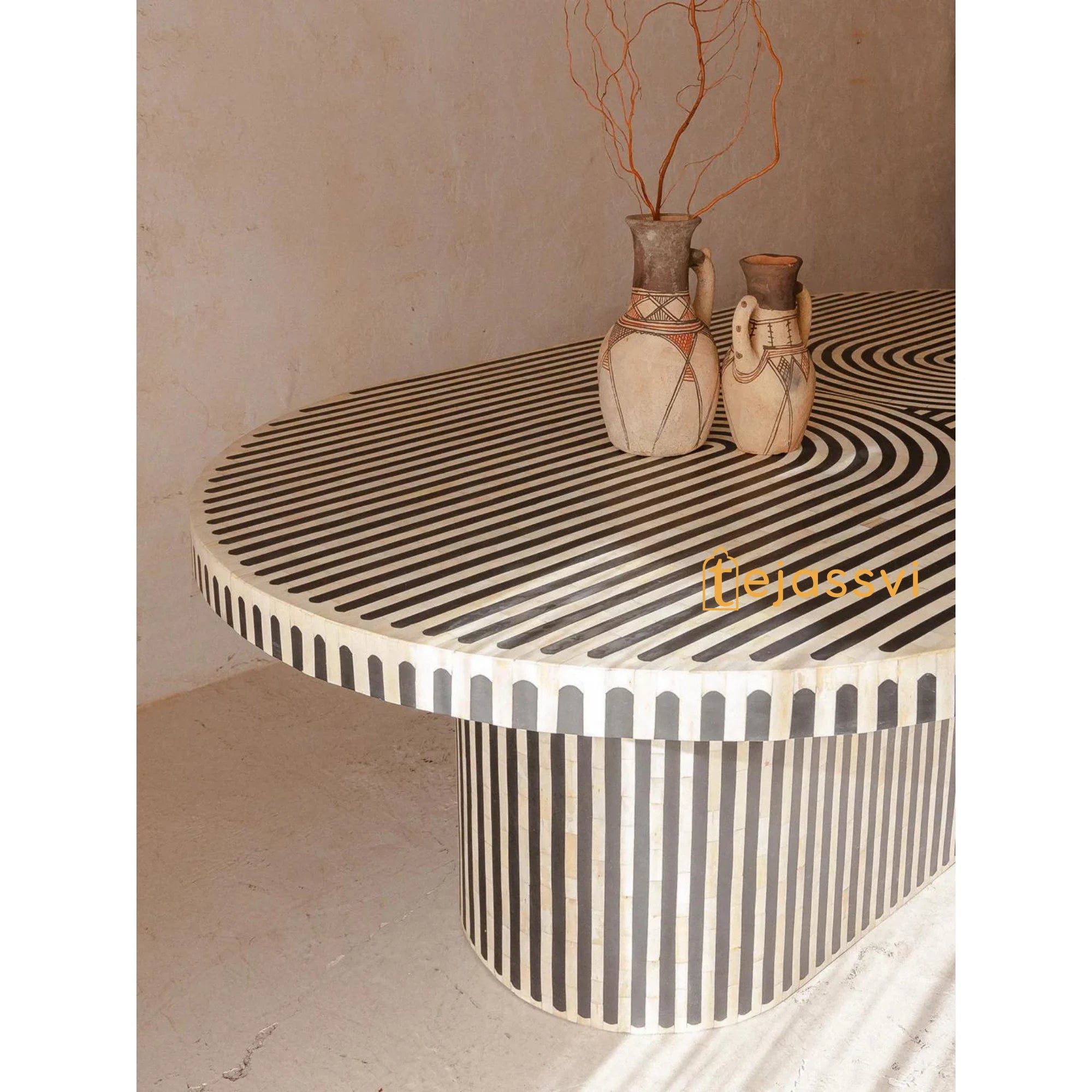 Bone Inlay Coffee Table / Wooden Oval Shape Coffee Table / Bone Inlay Strip Design Centre Table  / Bone Inlay Furniture Cocktail Table.