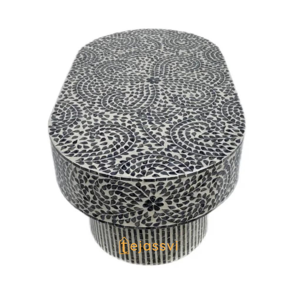 Modern Luxury Oval Shape Wood Coffee Table / Mother of Pearl Centre Table / Floral Design Cocktail Table / MOP Inlay Furniture / Bone Inlay Tea Table.