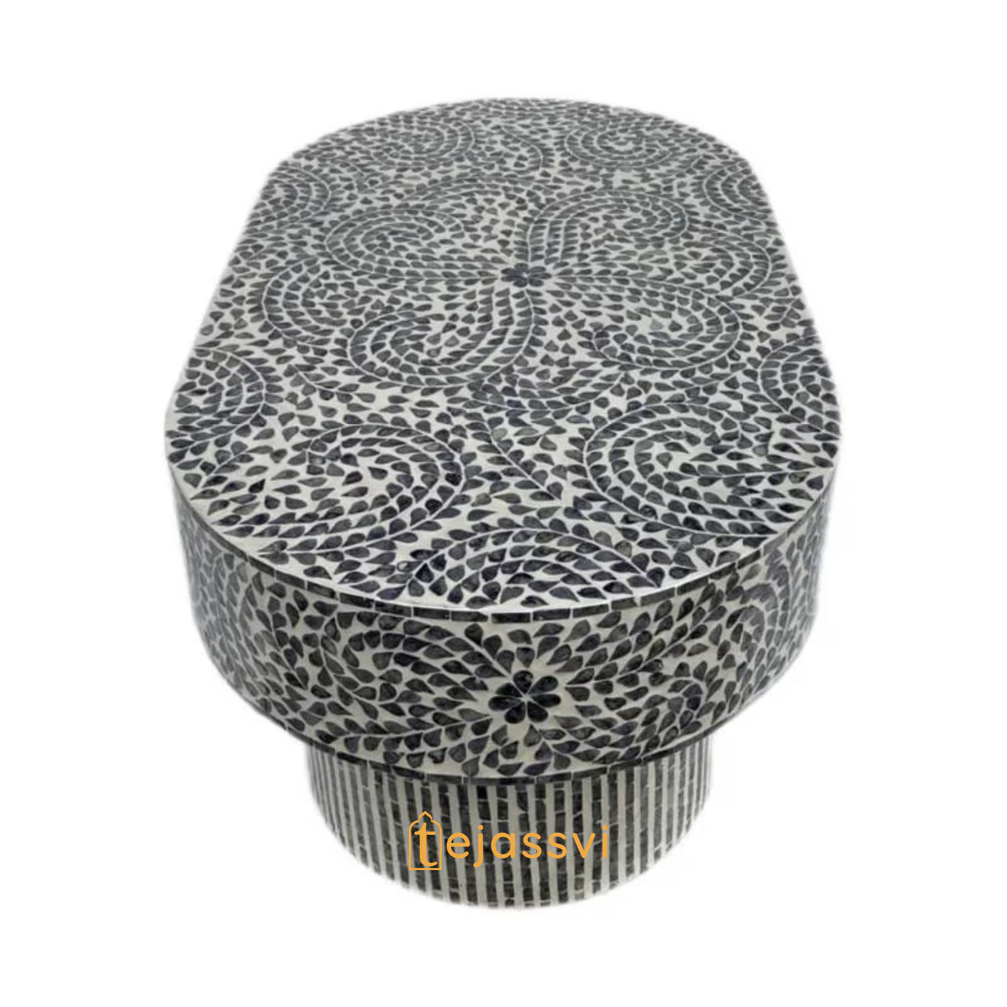 Modern Luxury Oval Shape Wood Coffee Table / Mother of Pearl Centre Table / Floral Design Cocktail Table / MOP Inlay Furniture / Bone Inlay Tea Table.