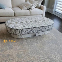 Mother of Pearl  Modern Luxury Oval Shape Coffee Table / Mother of Pearl Centre Table / Floral Design Cocktail Table / MOP Inlay Furniture / Bone Inlay Tea Table.