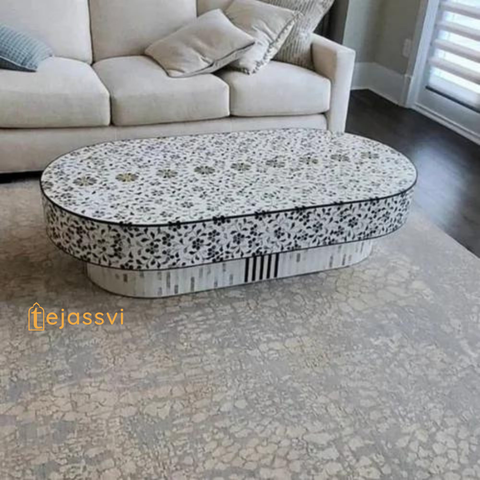 Mother of Pearl  Modern Luxury Oval Shape Coffee Table / Mother of Pearl Centre Table / Floral Design Cocktail Table / MOP Inlay Furniture / Bone Inlay Tea Table.