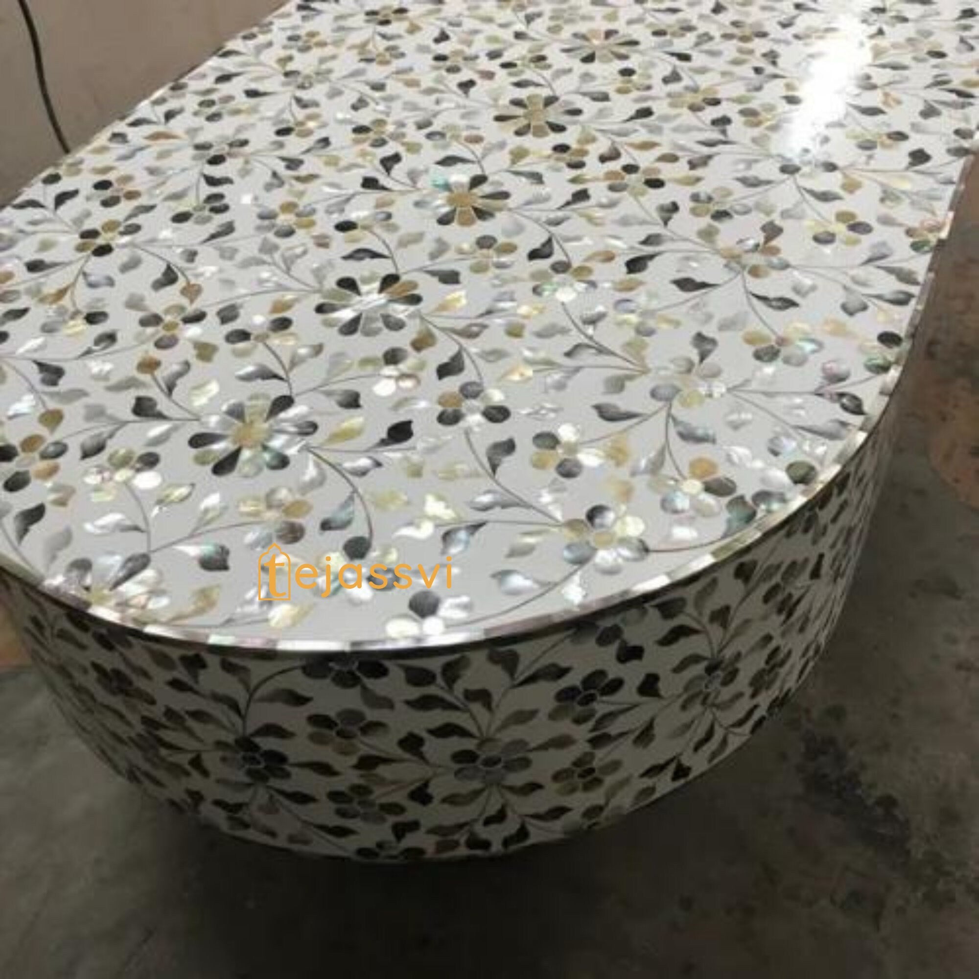 Mother of Pearl  Modern Luxury Oval Shape Coffee Table / Mother of Pearl Centre Table / Floral Design Cocktail Table / MOP Inlay Furniture / Bone Inlay Tea Table.
