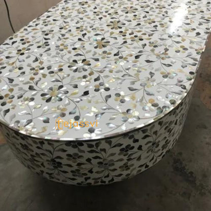 Modern Luxury Oval Shape Wood Coffee Table/Mother of Pearl Centre Table/Floral Design Cocktail Table/MOP InlayFurniture/Bone Inlay Tea Table