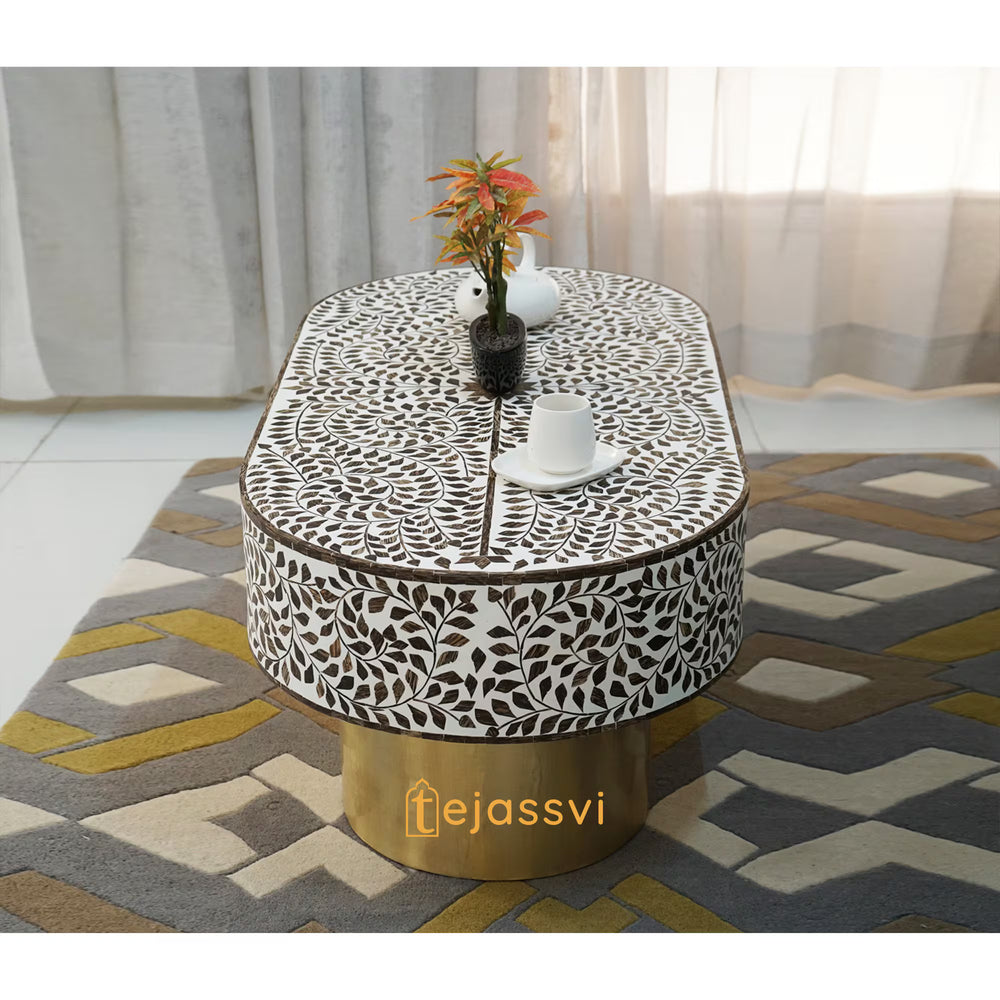 Wood Inlay Oval Shape Coffee Table / Wooden Coffee Table / Wood Inlay Centre Table &nbsp;/ Wood Inlay Furniture Cocktail Table.