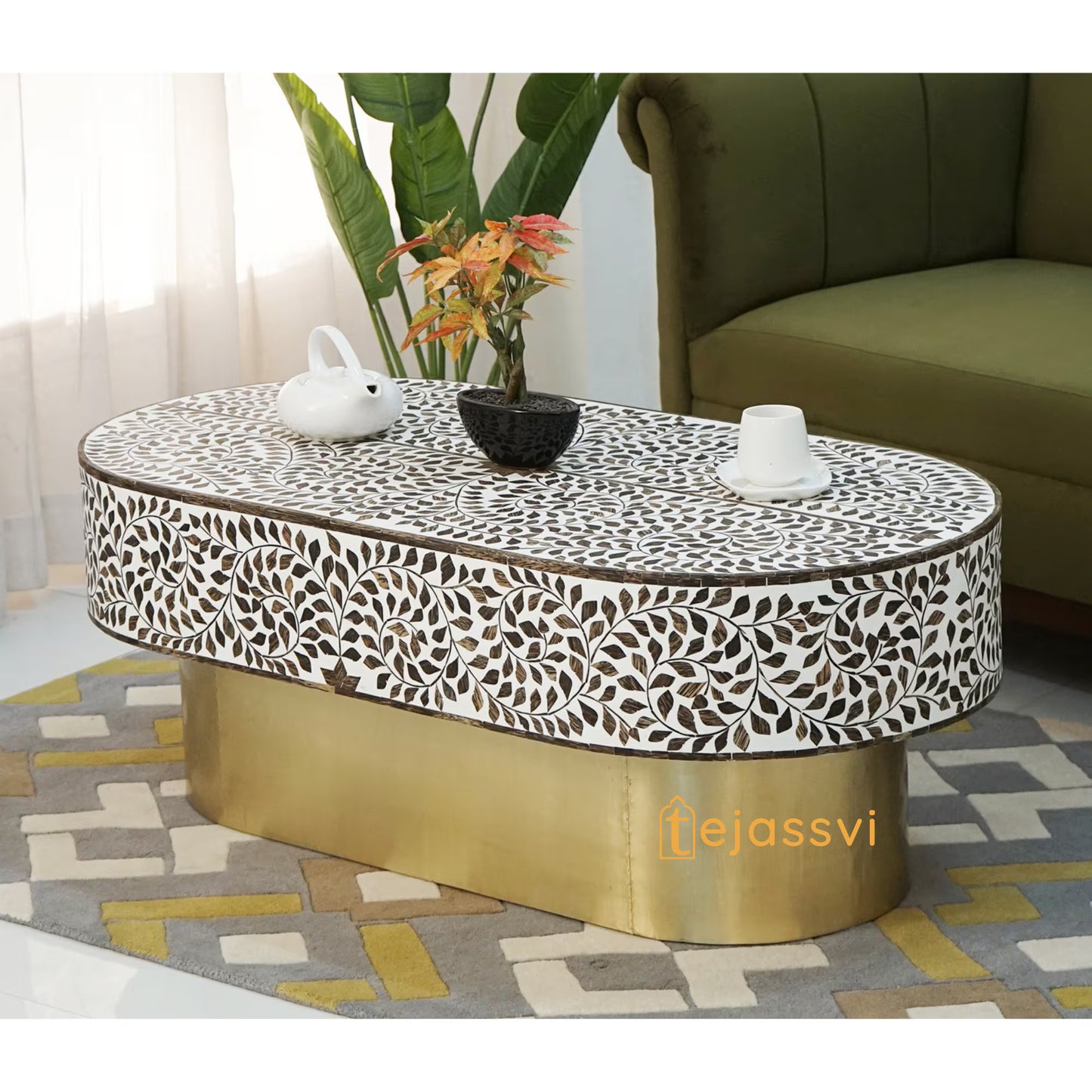 Wood  Inlay Oval Shape Coffee Table/Center Table /Laptop Table/Wood Inlay Table/Floral design Centre Table/Wooden Cocktail Table.