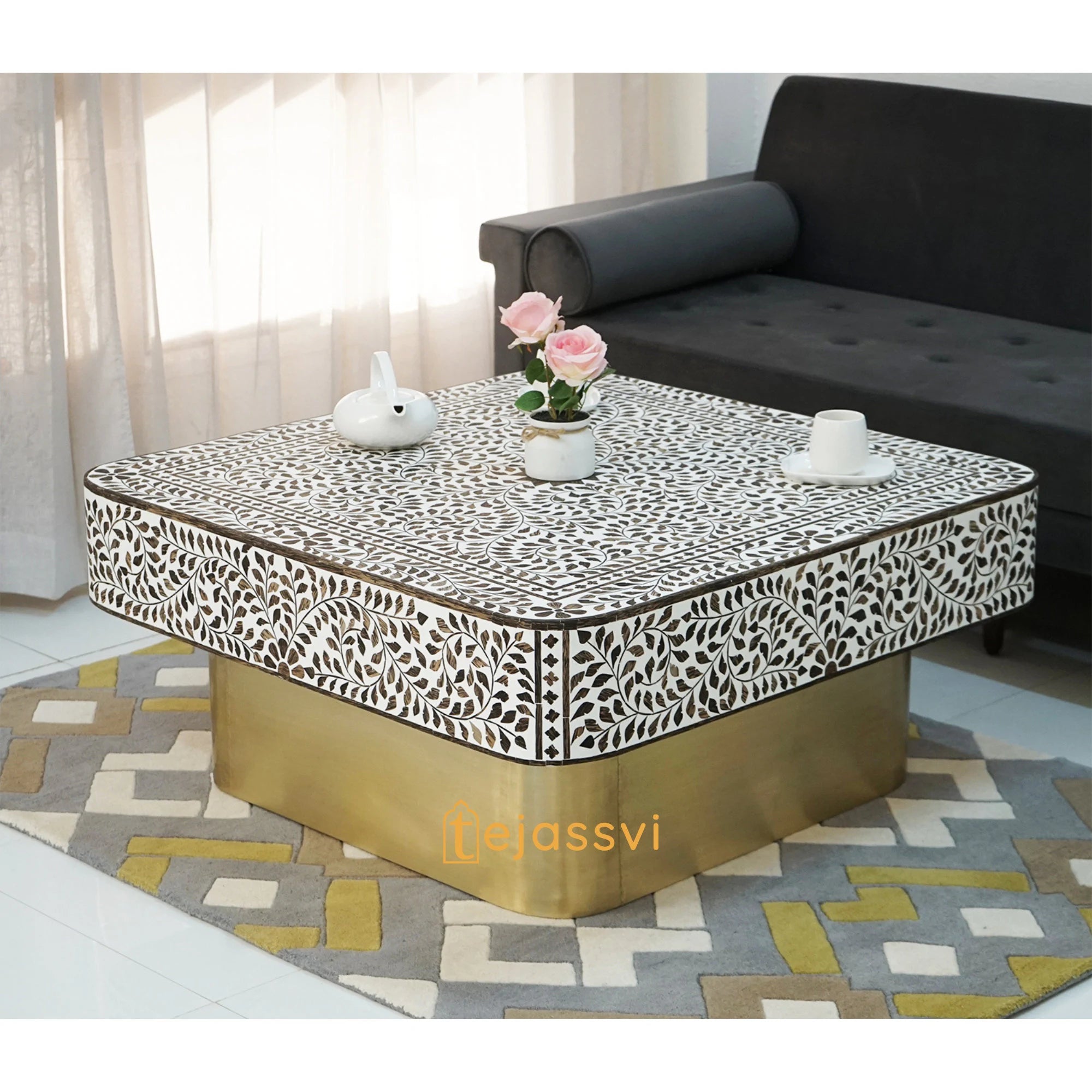 Wood Inlay Square Coffee Table/ Wood Inlay Coffee Table / Square Center Table / Wood Inlay Table / Floral Design Wood Inlay Cocktail Table / Wooden Coffee Table.