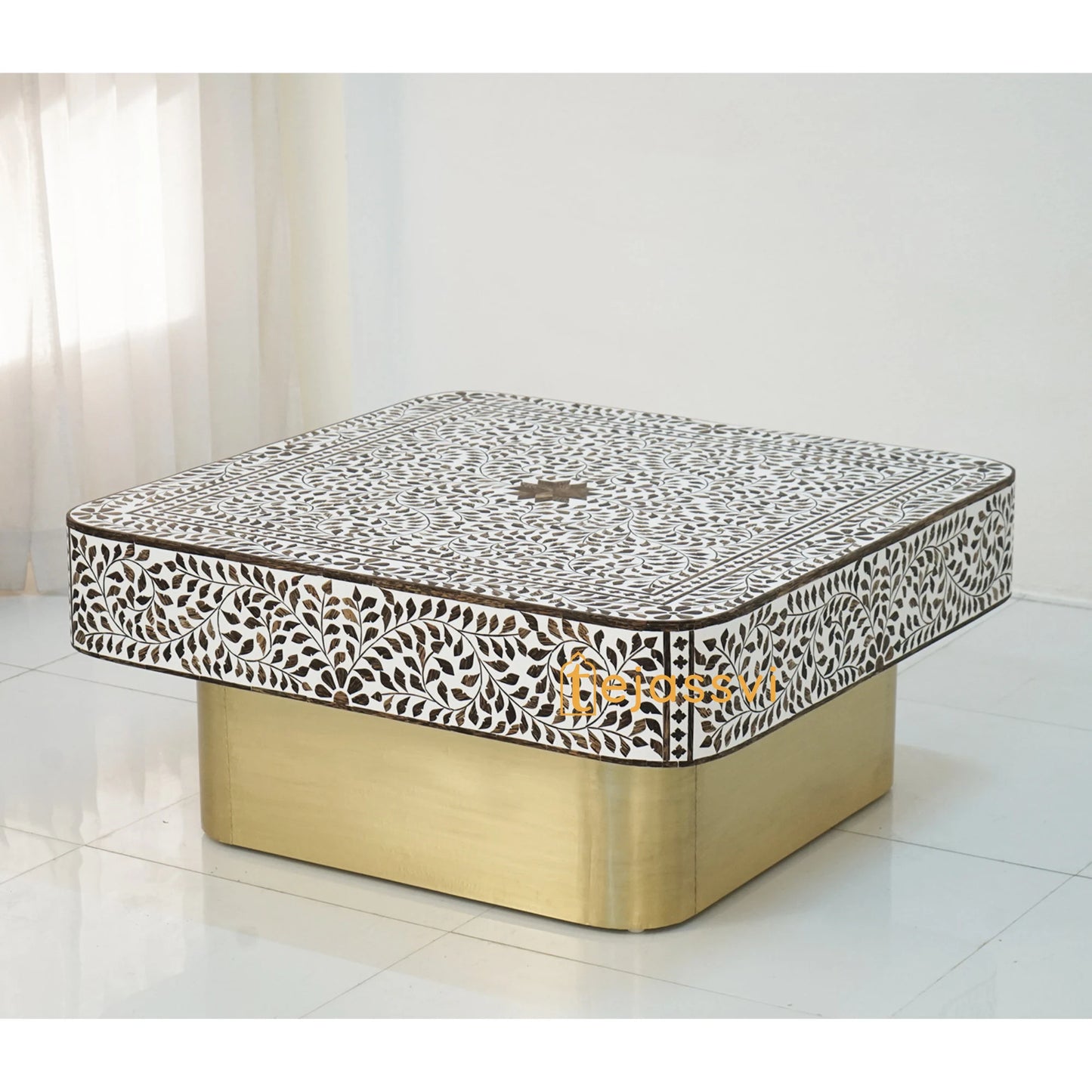 Wooden Square Coffee Table/Bone Inlay Coffee Table/Center Table/Wood Inlay Table/Floral Design Wood Inlay  Cocktail Table/Wooden CoffeeTable