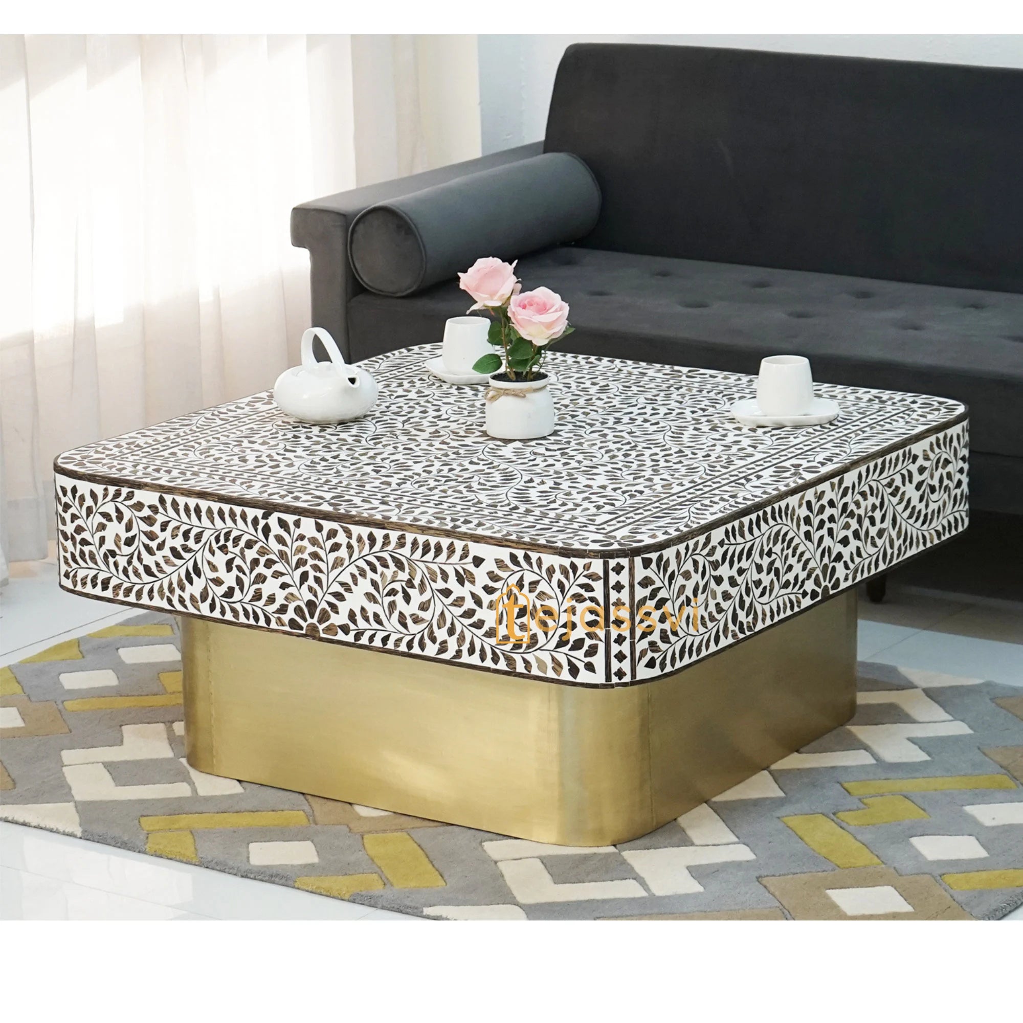 Wood Inlay Square Coffee Table/ Wood Inlay Coffee Table / Square Center Table / Wood Inlay Table / Floral Design Wood Inlay Cocktail Table / Wooden Coffee Table.