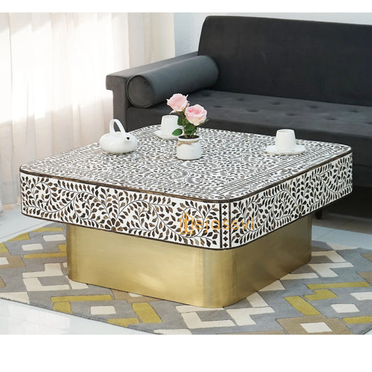Wooden Square Coffee Table/Bone Inlay Coffee Table/Center Table/Wood Inlay Table/Floral Design Wood Inlay  Cocktail Table/Wooden CoffeeTable