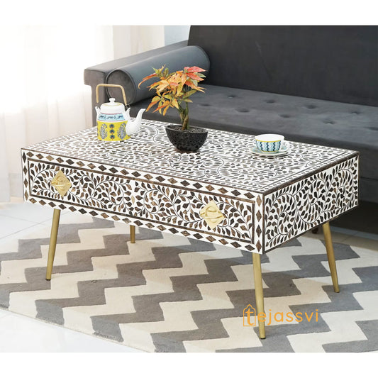 Bone Inlay Wooden Coffee Table/MOP Bone Inlay Oval Shape Coffee Table/Oval Coffee Table/Floral Design Centre Table/Bone Inlay Cocktail Table