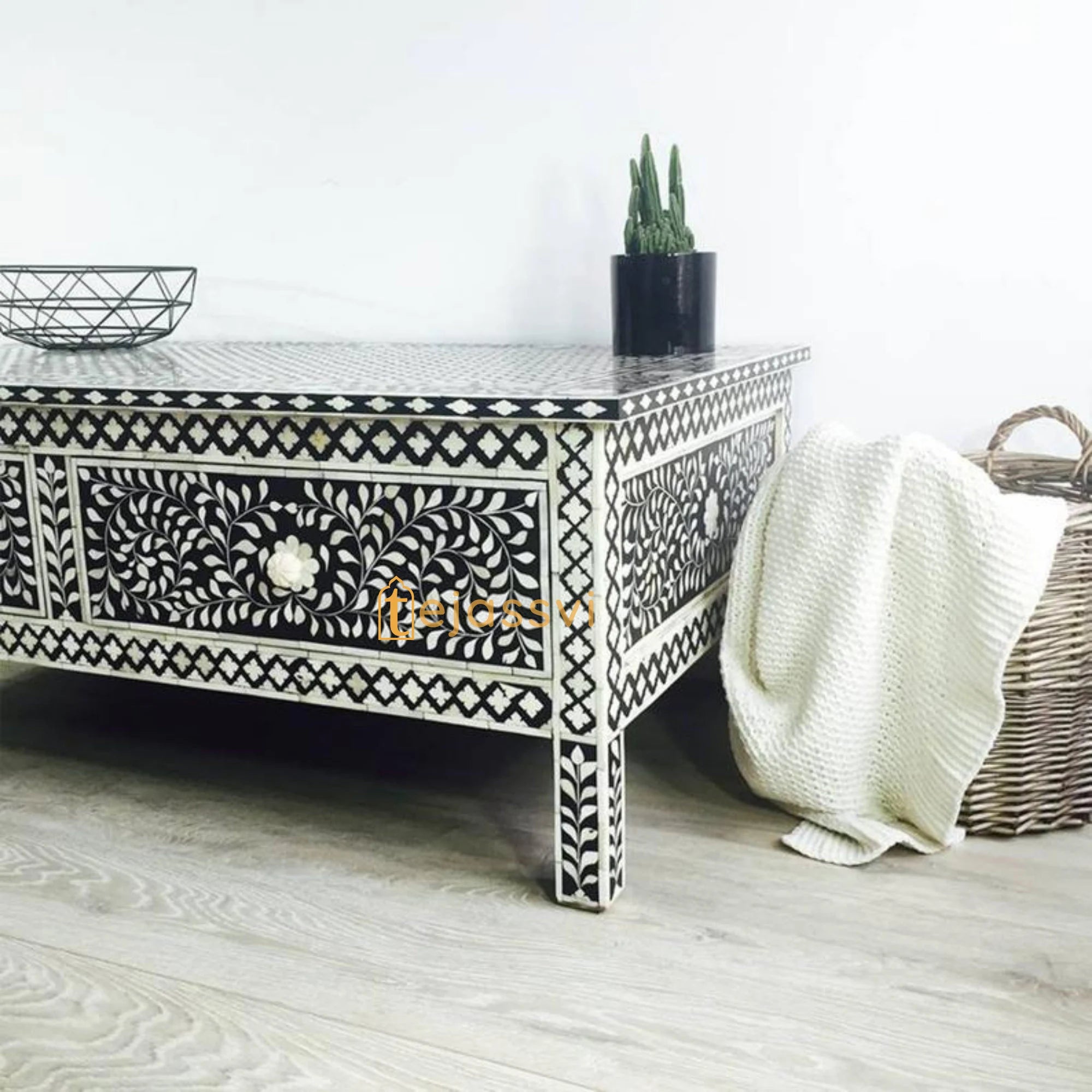 Handmade Bone inlay Side Table with Storage | Bone Inlay Floral Pattern Center Table / Bone Inlay Furniture Cocktail Table Luxury Furniture.