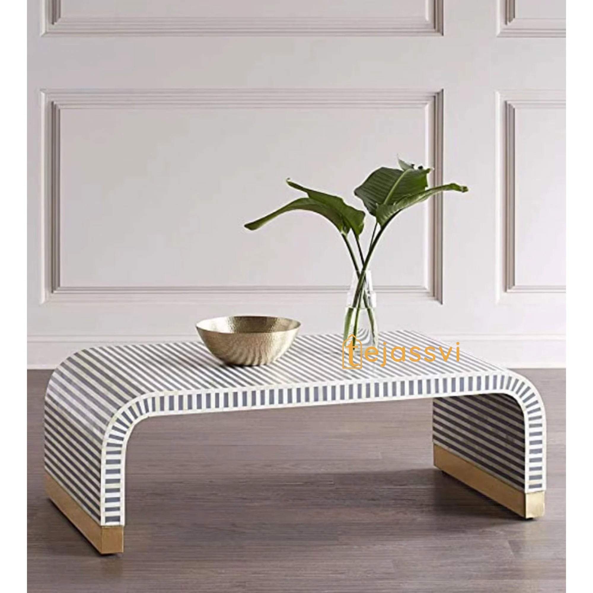 Bone Inlay Strip Design Coffee Table / Bone Inlay Wooden Modern Coffee Table Furniture / Bone Inlay Curved Coffee Table.