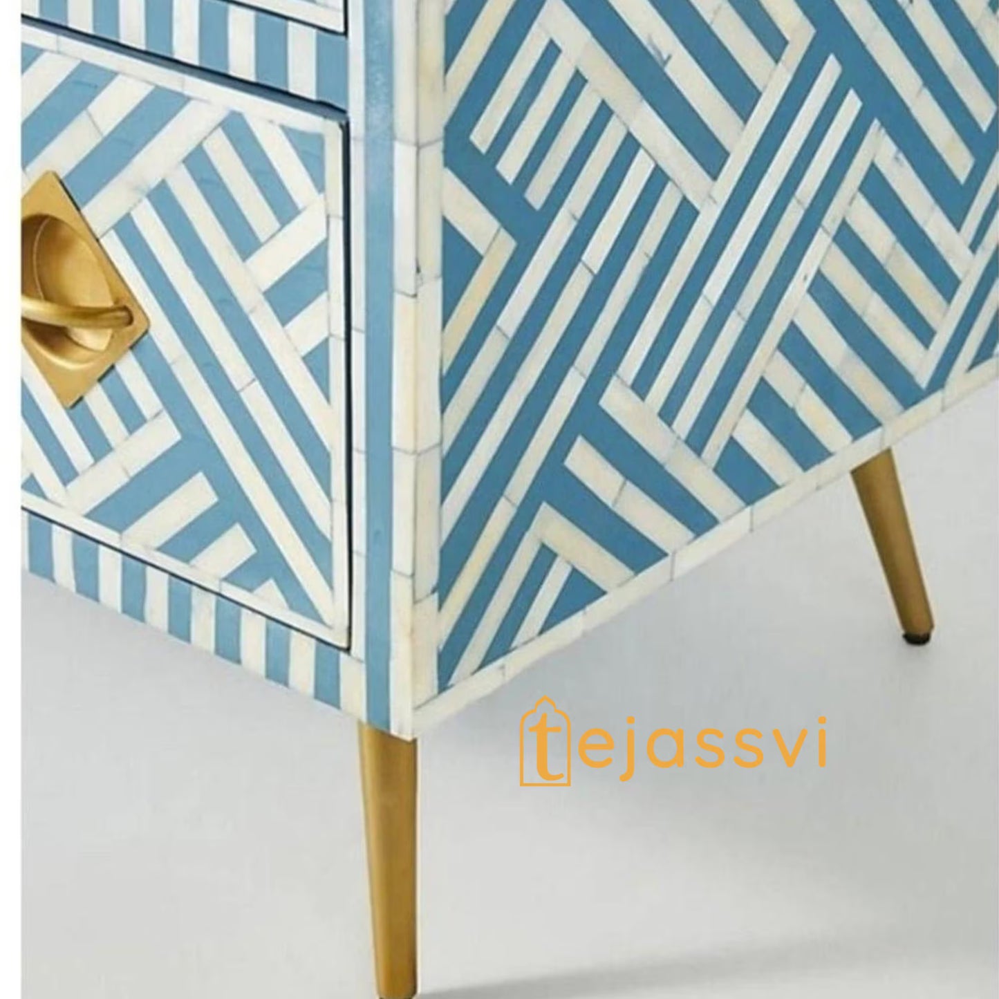 Wooden Bone Inlay Chest of 3 Drawers stripe Blue with Brass Legs, Bone Inlay Dresser, Bone Inlay Sideboard, Bone Inlay Furniture, Optical Cabinet.