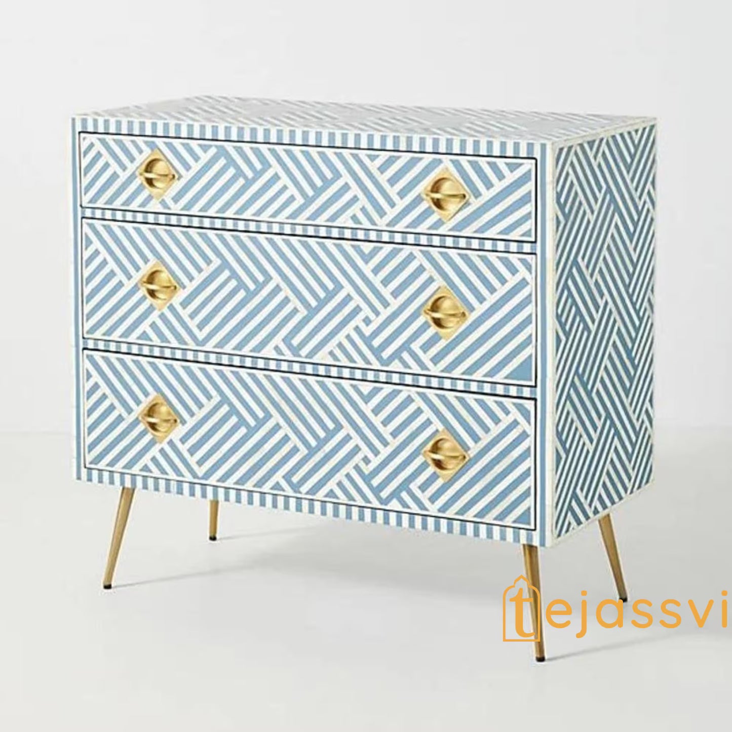Wooden Bone Inlay Chest of 3 Drawers stripe Blue with Brass Legs, Bone Inlay Dresser, Bone Inlay Sideboard, Bone Inlay Furniture, Optical Cabinet.