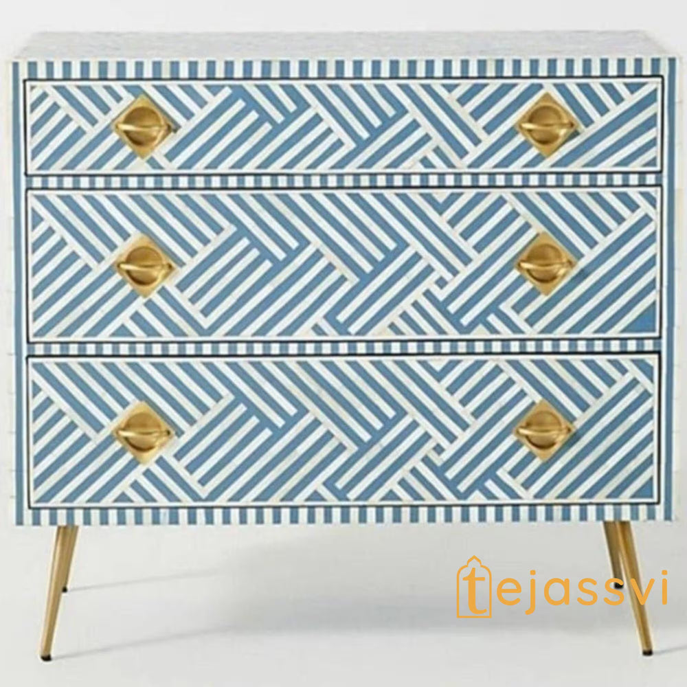 Wooden Bone Inlay stripe Design Chest of 3 Drawers / Bone Inlay Dresser / Bone Inlay Sideboard / Bone Inlay Furniture / Bone Inlay Cabinet.