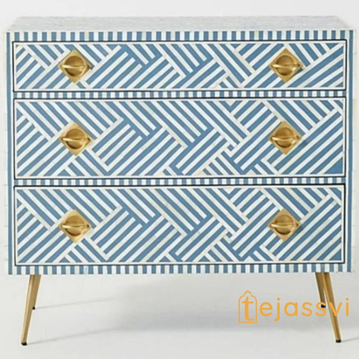 Wooden Bone Inlay Chest of 3 Drawers stripe Blue with Brass Legs, Bone Inlay Dresser, Bone Inlay Sideboard, Bone Inlay Furniture, Optical Cabinet.