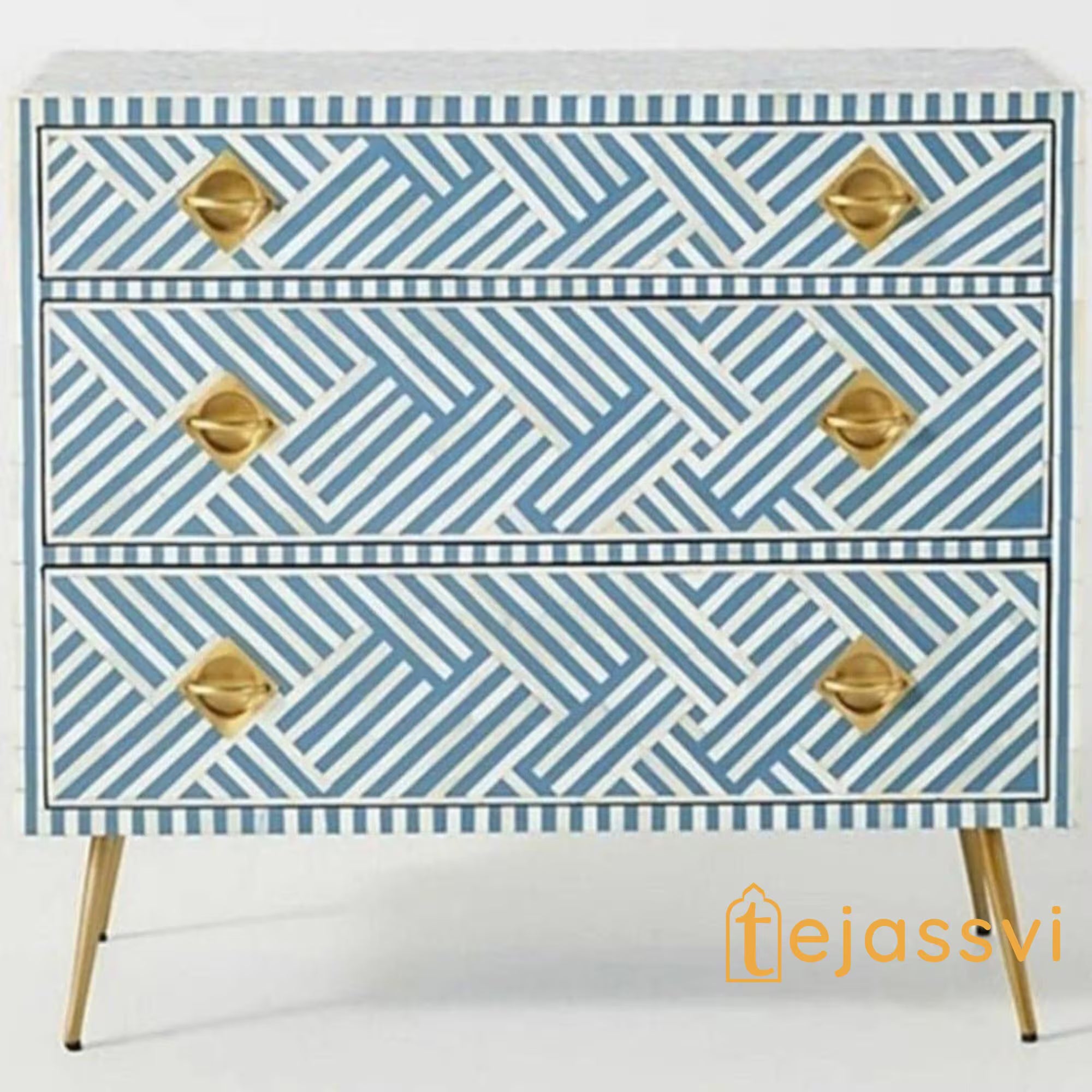 Wooden Bone Inlay stripe Design Chest of 3 Drawers / Bone Inlay Dresser / Bone Inlay Sideboard / Bone Inlay Furniture / Bone Inlay Cabinet.