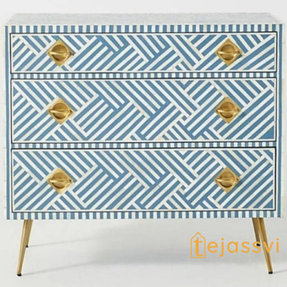 Wooden Bone Inlay Chest of 3 Drawers stripe Blue with Brass Legs, Bone Inlay Dresser, Bone Inlay Sideboard, Bone Inlay Furniture, Optical Cabinet.