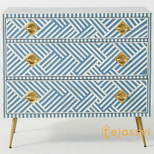 Wooden Bone Inlay Chest of 3 Drawers stripe Blue with Brass Legs, Bone Inlay Dresser, Bone Inlay Sideboard, Bone Inlay Furniture, Optical Cabinet.