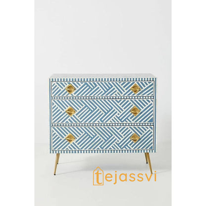 Wooden Bone Inlay Chest of 3 Drawers stripe Blue with Brass Legs, Bone Inlay Dresser, Bone Inlay Sideboard, Bone Inlay Furniture, Optical Cabinet.