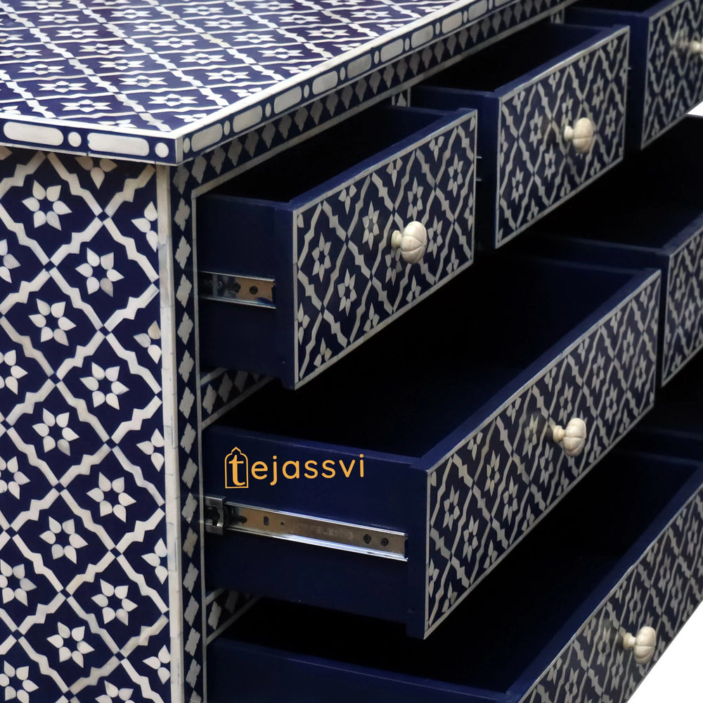 Bone Inlay Floral Pattern Chest of 7 Drawer / Wooden 7 Drawer Dresser / Wooden Bone Inlay Chest of Drawers / MOP Bone Inlay Furniture Sideboard Unit.