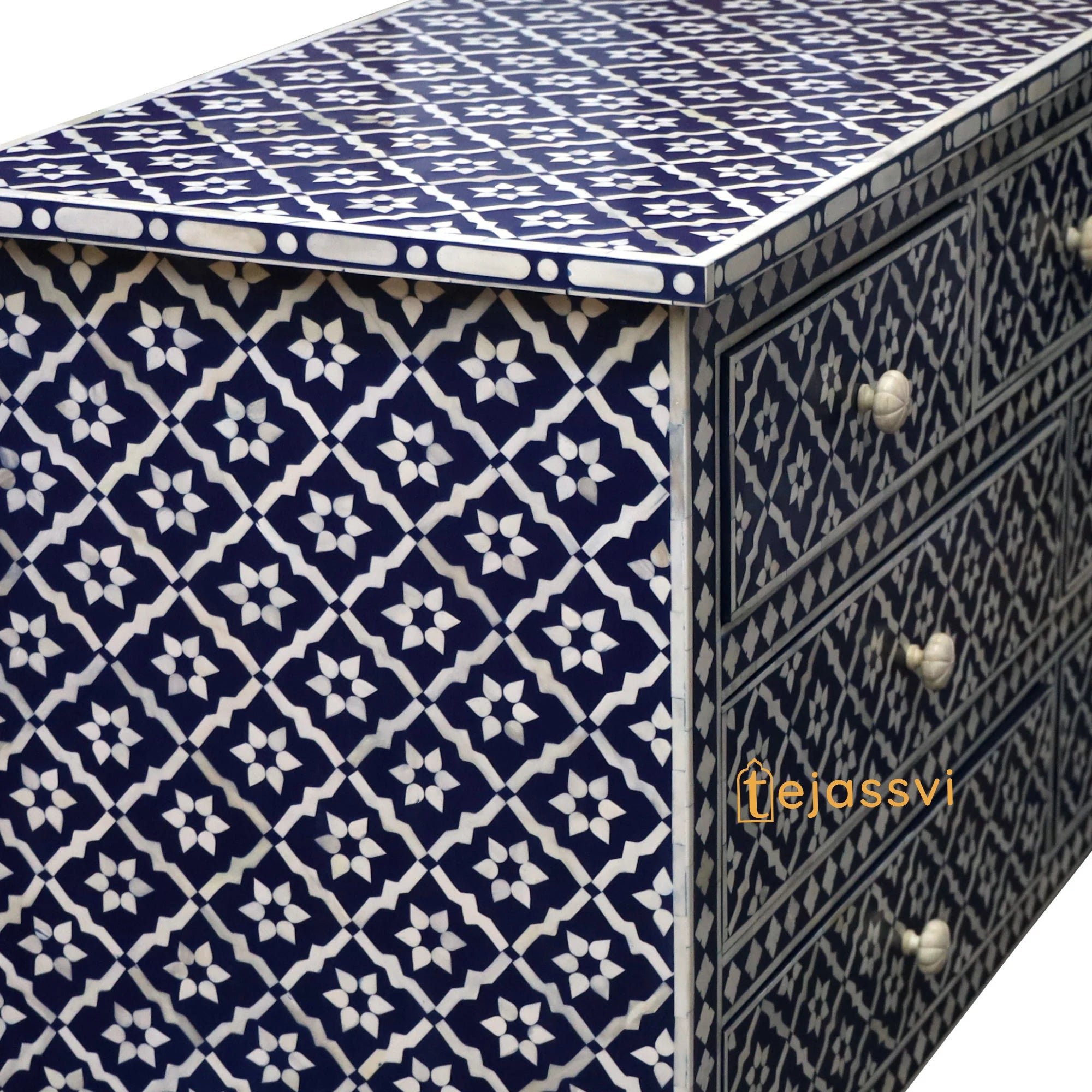 Bone Inlay Floral Pattern Chest of 7 Drawer / Wooden 7 Drawer Dresser / Wooden Bone Inlay Chest of Drawers / MOP Bone Inlay Furniture Sideboard Unit.