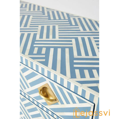 Wooden Bone Inlay Chest of 3 Drawers stripe Blue with Brass Legs, Bone Inlay Dresser, Bone Inlay Sideboard, Bone Inlay Furniture, Optical Cabinet.