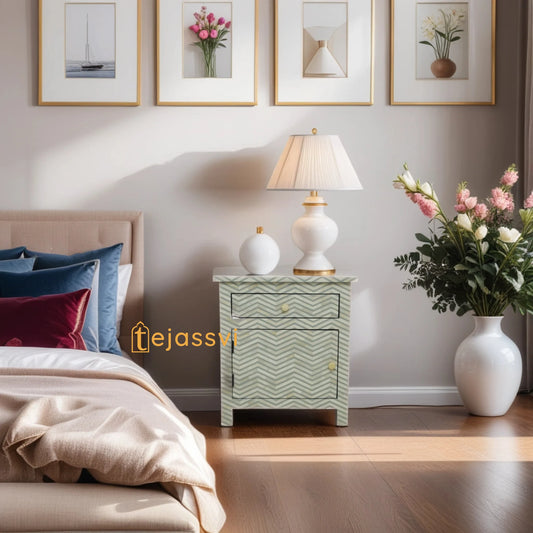 Handmade Bone Inlay Inlay Wooden Floral Sideboard, Bone Inlay Bedside table,Geometric Bedside 1 drawer 1 door sage,Storage Cabinet , Console