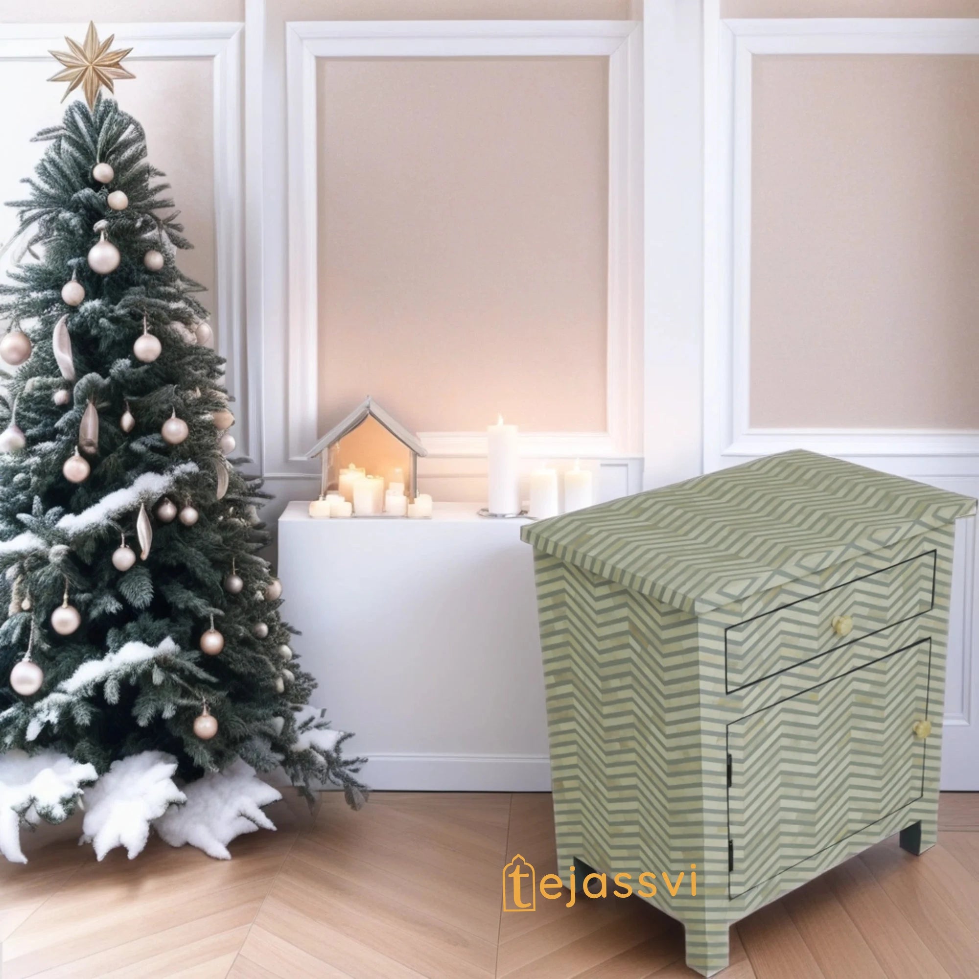 Handmade Bone Inlay Inlay Wooden Floral Sideboard, Bone Inlay Bedside table,Geometric Bedside 1 drawer 1 door sage,Storage Cabinet , Console